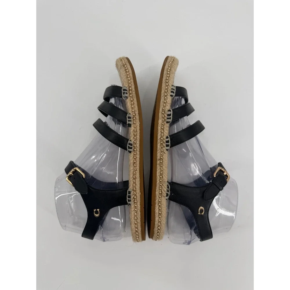 Coach Women Black Leather Espadrille Gladiator Sandals Multi Strap Gold Bead 7.5